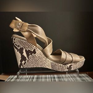 Aquatalia Tan Calfskin & Snakeskin Wedge Sandals